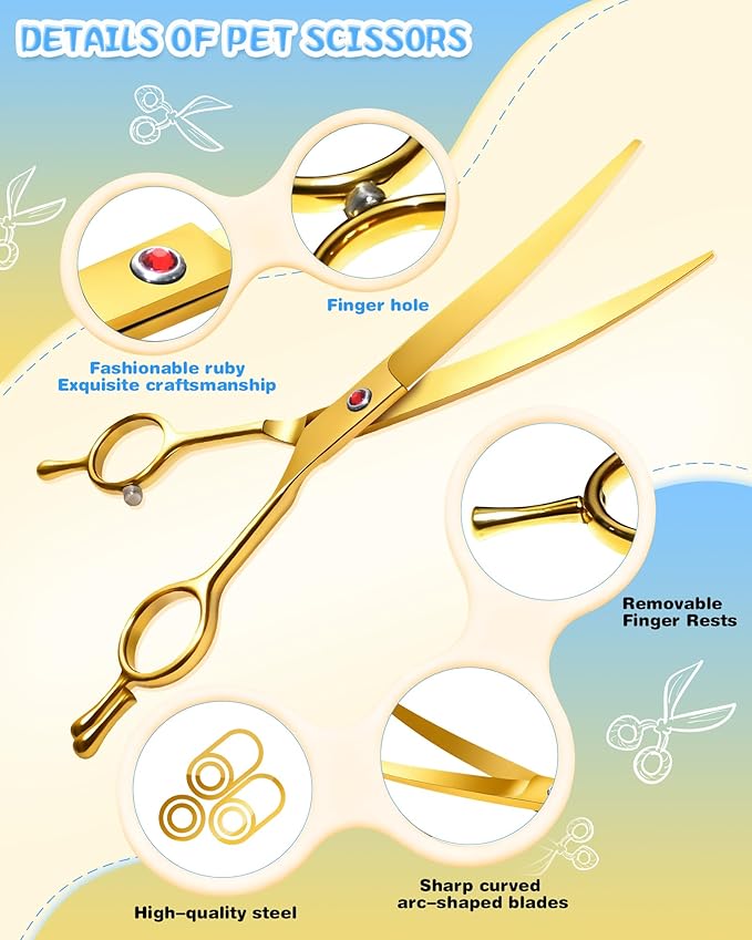 Curved Scissors for Dog Grooming, Dog Grooming Scissors Curved with Noise Reduction Pad, Light Weight,7.5" Pet Cutting Shears Safety Trimming Shearing for Dogs Cats (Curved, Golden)