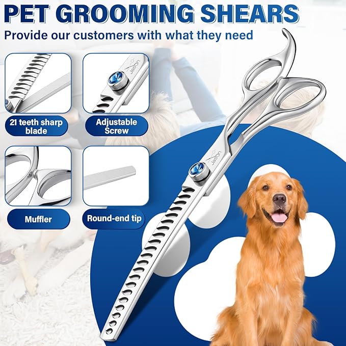 JASON 7" Curved Chunker - Ergonomic Dog Grooming Scissors - Silver - 440C Stainless Steel - Professional Dog Shears For Groomer (21-Teeth)