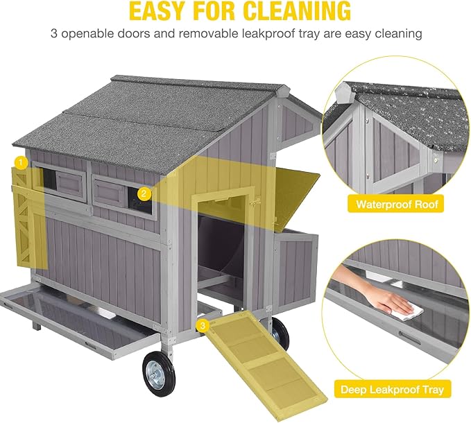 Large Chicken Coop with Wheels, Weatherproof Chicken Tractor with Asphalt Roof, Wooden Poultry Cage with Nesting Box & Removable Tray, Outdoor Hen House for 3-5 Chickens Backyard Farm