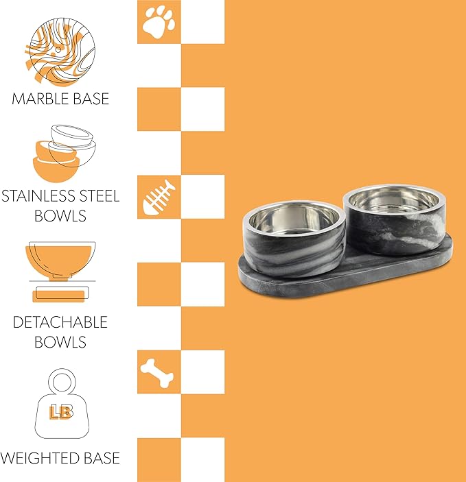 DBL1000D Marbre Small/Medium Modern Weighted Double Marble and Stainless Steel Bowl 12oz (1.5 Cups) Feeder with Non-Slip Marble Tray Set, Black/White