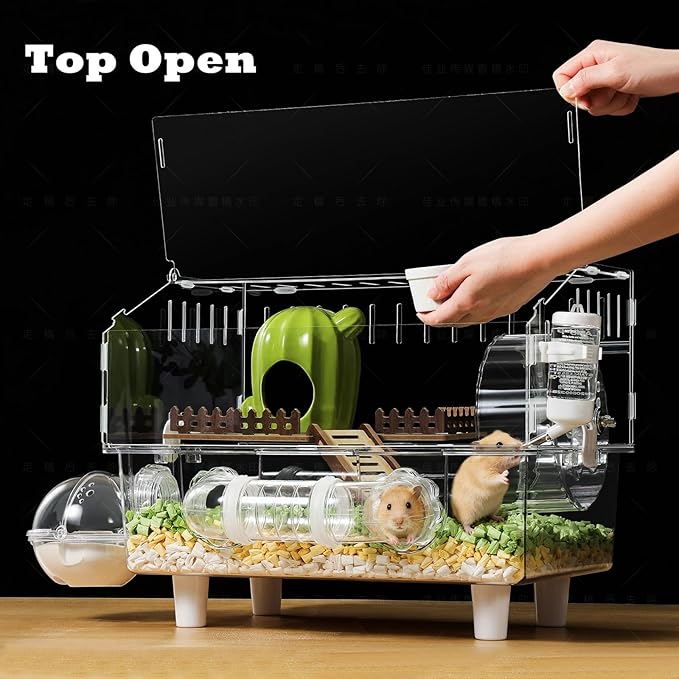8-in-1 Acrylic Hamster Cage, Clear Transparent Habitat with All Accessories, Multi-Level Small Animal Enclosure with 2 Hideout for Summer and Winter