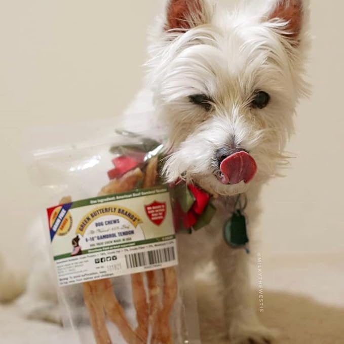 Beef Tendons for Dogs Made in USA. 6-10 Inch Grass Fed Farm-Raised American Beef Dog Treats. All Natural Dog Dental Chews. Grain Free Odor-Free Chews 5 Count