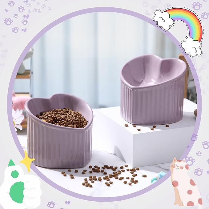 Mumufy 2 Pcs Ceramic Elevated Cat Bowls Tilted Elevated Raised Pet Bowls Anti Vomit Cat Dish for Indoor Stress Free Water Dish Feeder for Puppies, Heart Shaped (Purple)