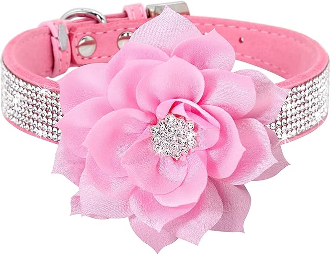 Cute Dazzling Sparkling Elegant Fancy Soft Suede Leather Bling Rhinestone Crystal Jeweled Pet Cat Dog Puppy Collar Dog Leash Combo Set (S(Neck 10-12.5"), Pink-6)