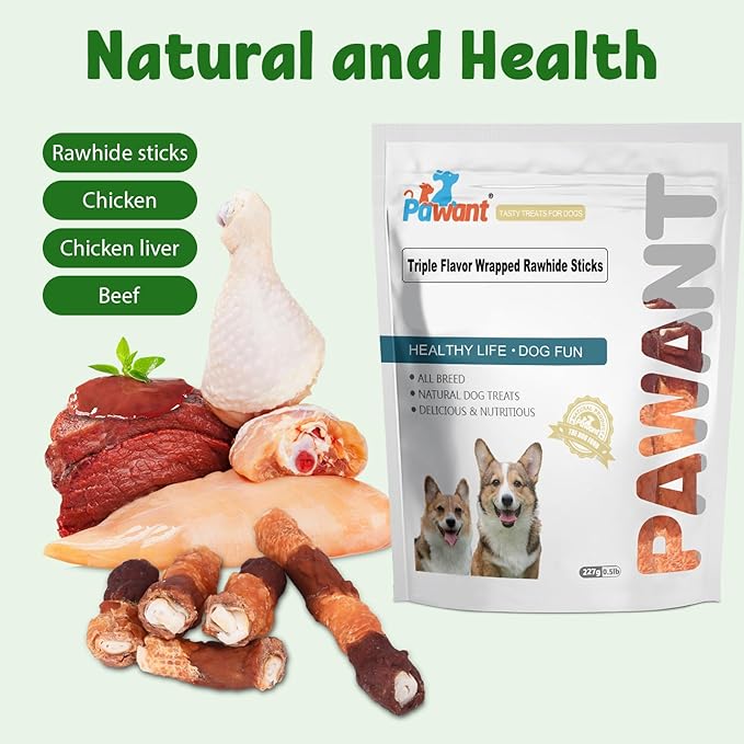 Triple-Flavor Rawhide Chews for Medium & Large Dogs - 5 Inch Chicken, Beef & Chicken Liver Dental Treats - Long Lasting Chew Sticks 454g/1lb