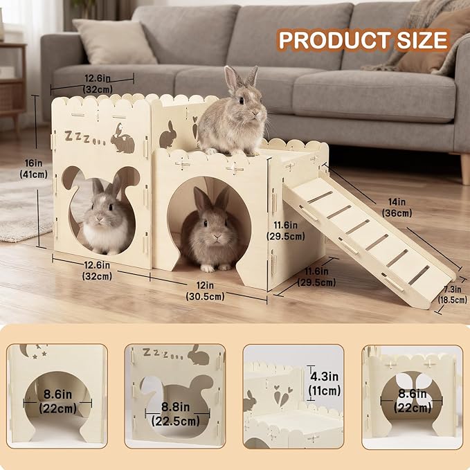 Large Rabbit Castle, Wooden Bunny House,Detachable Rabbit Hideaway, Indoor Hamster Castle with Ramp, Small Animal Houses & Habitats for Guinea Pig Chinchilla Ferret(2 House)
