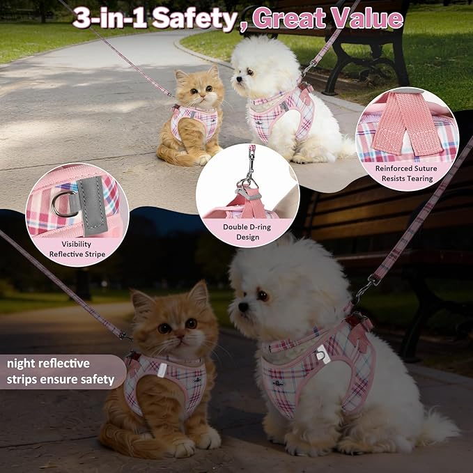 Gyuzh Dog Harness and Leash Set, 3-in-1 Step in No Pull Harness Vest Collar for Small Dogs & Cats, Lightweight Breathable Mesh Reflective Plaid with Padded Handle (Pink, L)