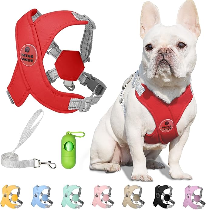 Patas Lague Dog Harness with Leash Set Adjustable Soft Padded Step-in Dog Vest No Choke No Pull Reflective for Medium Pets with Poop Bags and Dispenser, Solid and No-chew, Red L