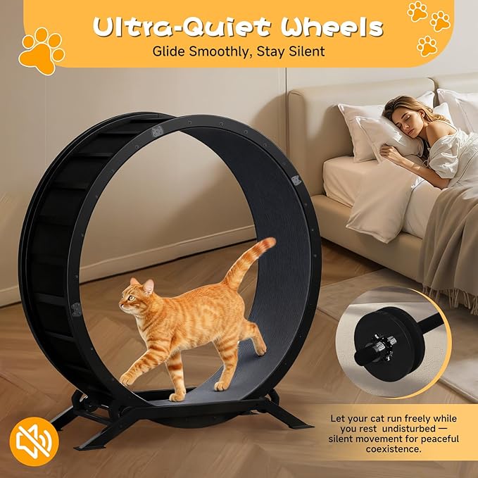 GTRACING Cat Wheels, 40" Diameter, Large Cat Exercise Wheel for Indoor Cats cat Treadmill Metal with Detachable Carpet & Teaser/Stickers, Ultra-Quiet Scroll Wheel with Latch, Safe and Stable, Dark
