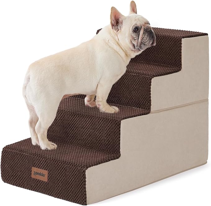 ZOMISIA Dog Stairs for Small Dogs - Pet Stairs 2 in 1 with Zippers Suitable for Couch and Bed, 35D Foam Dog Steps with Non Slip Bottom Grey 4 Steps, Brown