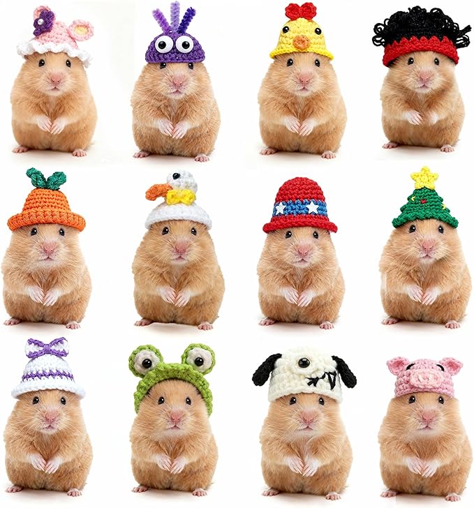 Hamster Hats Mini Party Hats for Small Animals, 12 Pcs Cute Hand Knitted Tiny Hats for Snakes Lizards Bearded Dragon Guinea Pig Bunny Reptile Pets Holiday Clothes Party Costume Accessories