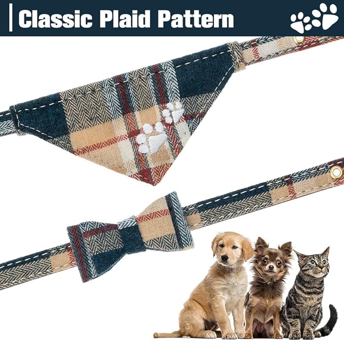 EXPAWLORER Puppy Collar and Leash Set - Plaid Dog Collar and Leash with Bow Tie and Bandana, Bell, Khaki