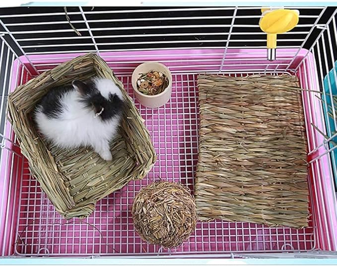 Hamiledyi Rabbit Grass Mat 4PCS Large Woven Bed Mat for Small Animal Bunny Bedding Nest Chew Toy Bed Play Toy for Guinea Pig Parrot Rabbit Bunny Hamster Rat