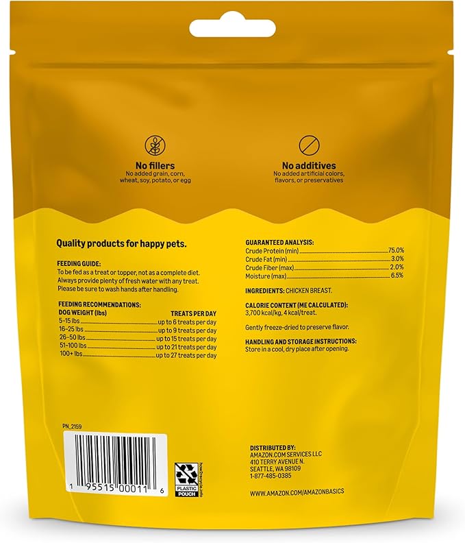 Amazon Basics Dog Treats Freeze Dried Raw Single Ingredient Chicken Breast, High Protein, Healthy Training Treats or Meal Topper for All Dogs, Grain-Free, 3 Oz (Pack of 2) (Previously Wag)