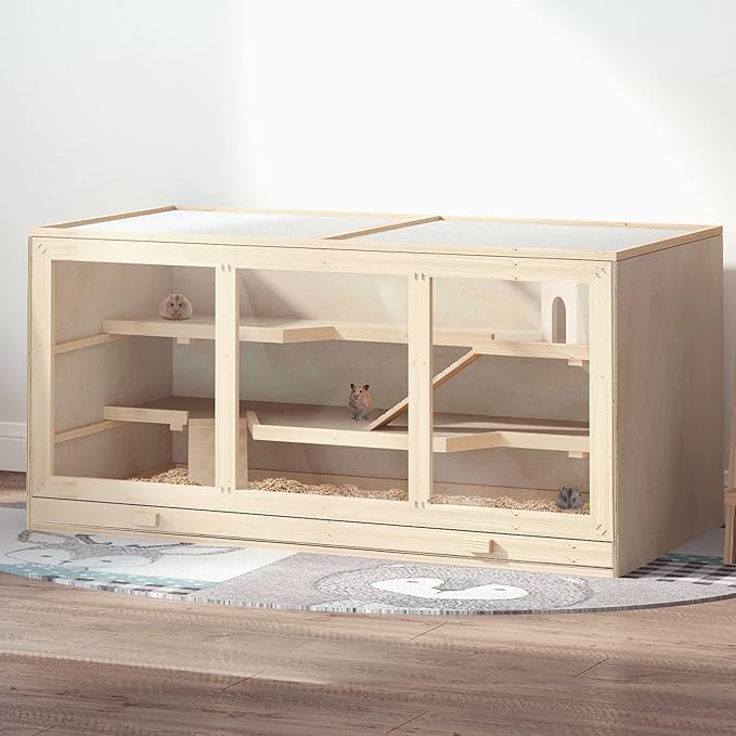 45" Extra Large Wooden Hamster Cage, Hamster Enclosure with Opening Roof & Multi-Levels, Extra Large Natural Habitat, Includes Ramps and Hut for Rabbit, Guinea Pig, Hedgehog Small Pets