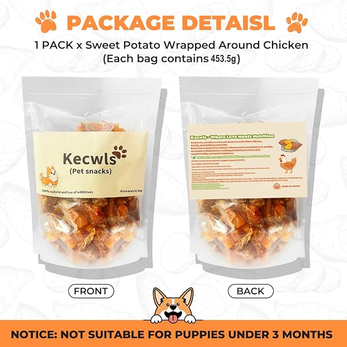 Dog Treats, Sweet Potato wrap Chicken Jerky Pack Healthy raw Skin no Doggie Snack Chicken Jerky Low-Fat, high-Protein Textured Snack for Medium-Sized and Small to Large Dogs (16 Ounces)