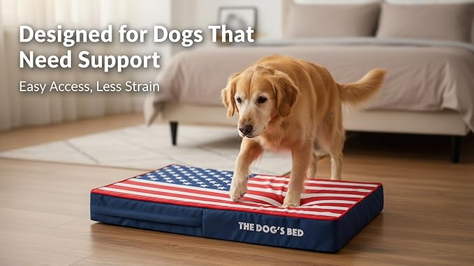 The Dog’s Bed Orthopedic Memory Foam Dog Bed for Medium Dogs, Waterproof Washable Cover, Anti-Slip Base, Calming Surface – CertiPUR-Certified Foam, Blue with Red Trim USA Center Flag, 4 Inch Thick