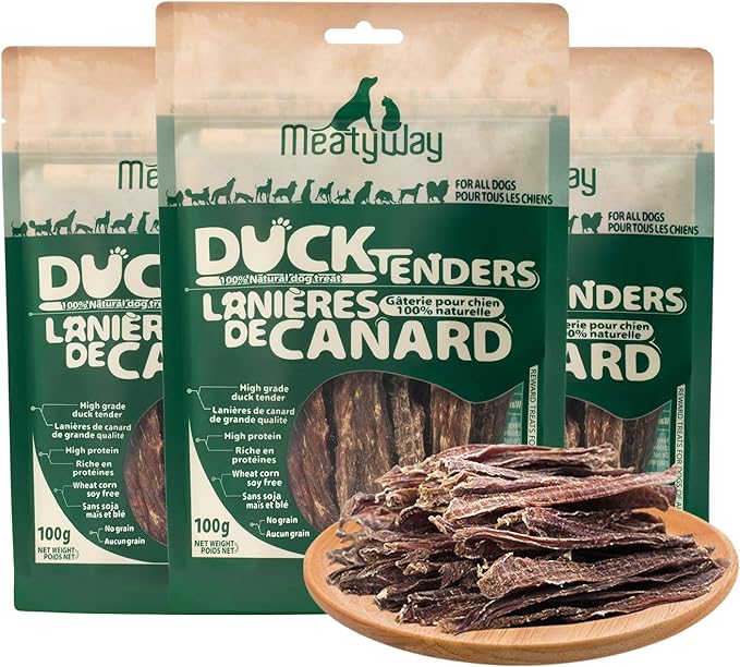 MeatyWay Duck Jerky Tenders Dog Treats, Duck Breast Tenders, High Protein, Low Fat, 100% Natural Grain Free Snacks, Easy to Digest Dog Training Treats, 300g/10.58 oz. (Pack of 3)