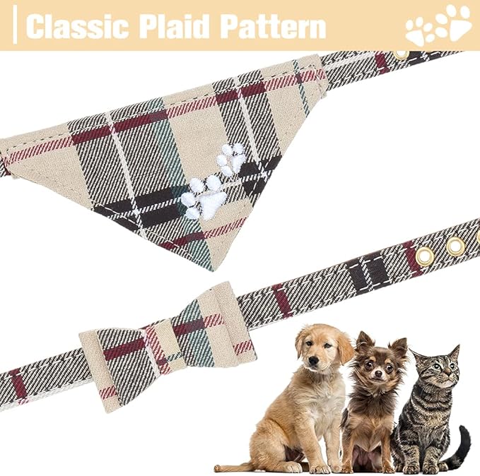 EXPAWLORER Puppy Collar and Leash Set - Embroidered Pawprints Plaid With Bow Tie, Bandana, and Bell for Dogs Cats Outdoor Walking, Beige XS