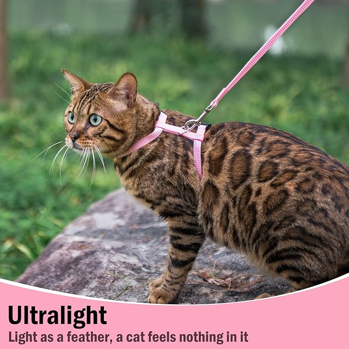PUPTECK Adjustable Cat Harness and Leash Set Escape Proof Kitten Strap Collar for Walking Travel, Light Pink