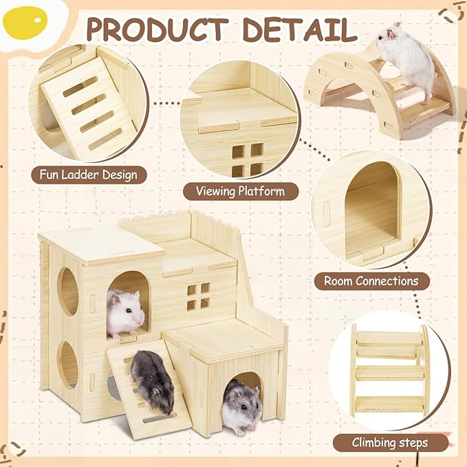 BreezeHug 4 Pcs Hamster Platform Hideout Wooden Tunnel Ladder Playhouse Hamster Game Climbing Toy with Platform Cage Accessories for Small Pets Dwarf Syrian Mice Degus Gerbils Squirrel(Villa)