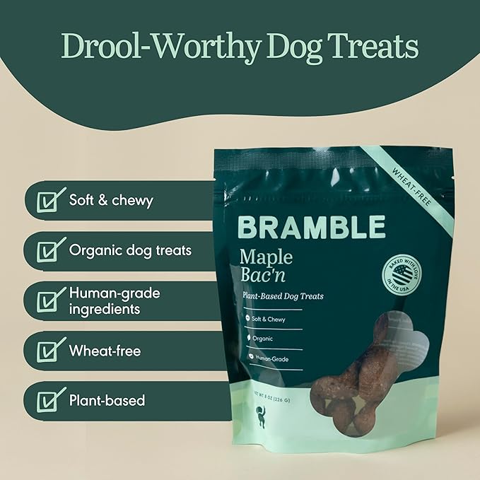 BRAMBLE Vegan Dog Treats. Plant-Based Treats for Dogs, Made with Real Ingredients, Soft & Chewy Dog Cookies. Wheat-Free. Maple Bac'n. 8 oz