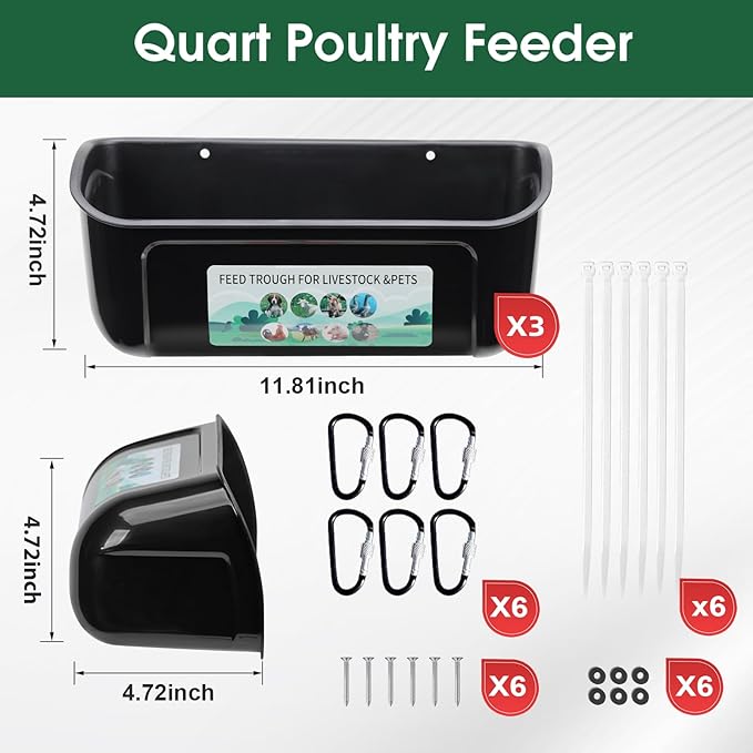 PIREKZUNT 3 Pack Chicken Duck Feeder, Poultry Feeders and Waterers, Hanging Goat Feeder, Livestock Feeding Container, Feed Trough and Waterer Bucket with Clips(Black)