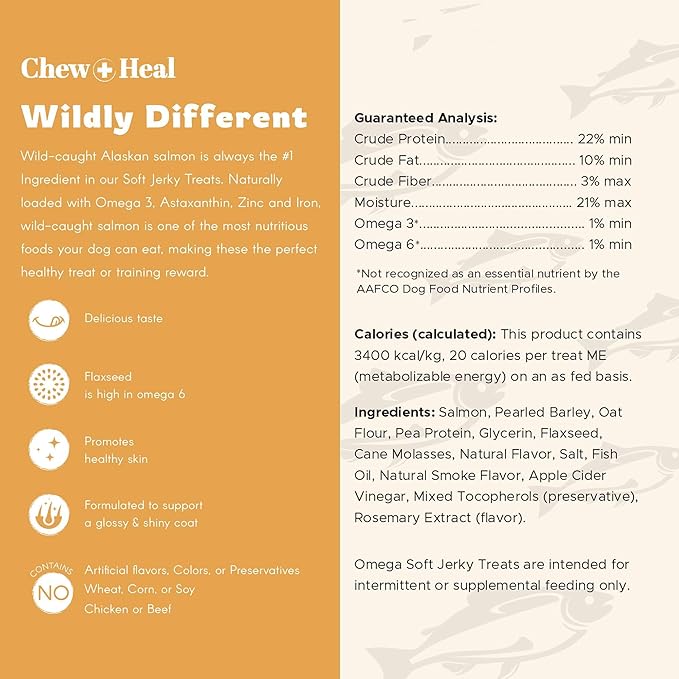 Chew + Heal Labs Omega Soft Wild Caught Alaskan Salmon Jerky 12oz - Natural Salmon Jerky Dog Training Treats for Skin & Coat - Soft Dog Chews with Flaxseed & Oat Flour - Made in USA