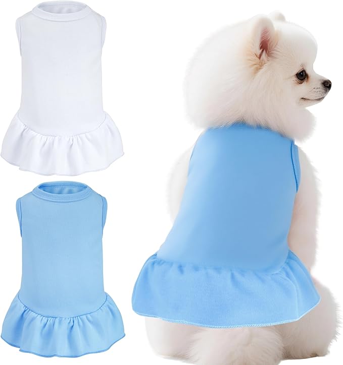 2 Pcs Dog Dresses Cat Skirt Solid Color Dog Clothes Summer Sleeveless Puppy Girl Clothes for Small Pet Dogs Cats (White,Blue, Small)