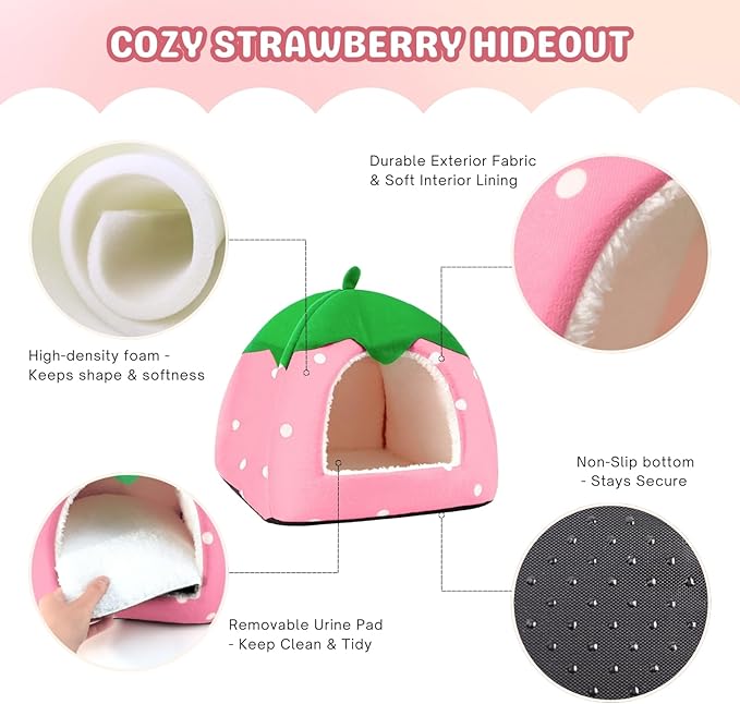 Rabbit Hideout, Washable Bunny Bed with Removable Pee Pad, Plush Indoor Rabbit House, Adorable Strawberry Design Small Animal Hideaway for Guinea Pig, Pink