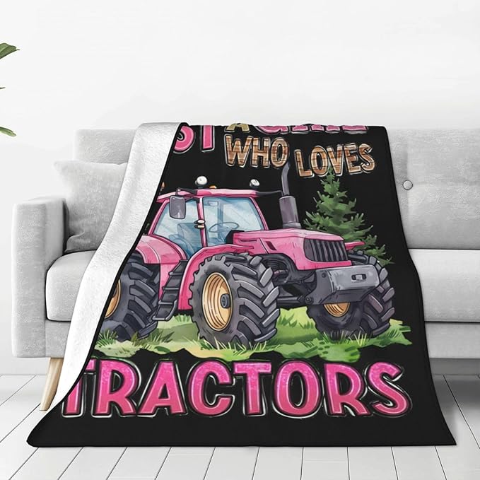 Just A Girl Who Love Tractors Blanket Pink Tractor Decor Throw Blanket Gifts for Girls Boys Super Warm Soft Plush Fleece Flannel Blanket Winter Couch Bedding Blanket for Adults Kids Women Men 80"X60"