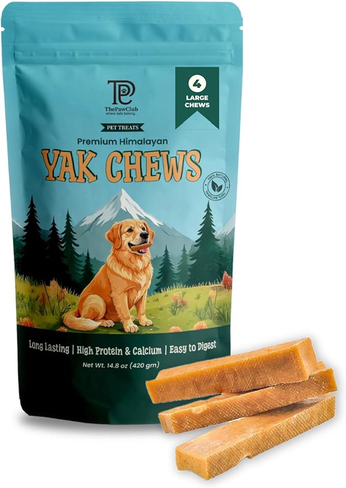 Himalayan Yak Cheese Dog Chews for Large Dogs (50–75 lbs) – Extra Thick & Dense Long-Lasting Hard Chew for Aggressive Chewers – Natural, Protein-Rich & Odor-Free – 4 Large Bars (3.6 oz Each)