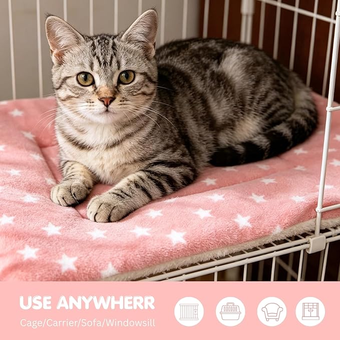 4 Pack Cat Bed Mat, 22" x 15" Soft Fluffy Flannel Small Pet Blanket, Washable Sleeping Pad for Indoor Cats, Kittens, Puppies, Star Print - Pink