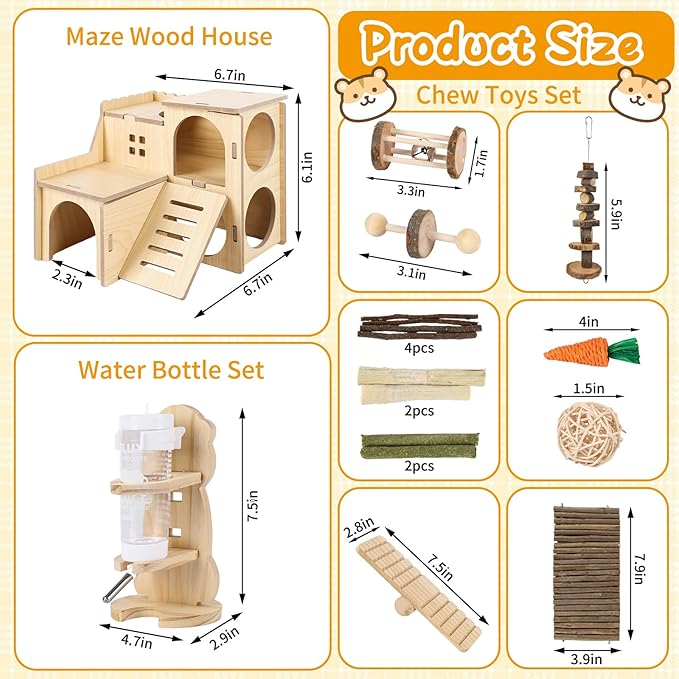 21 Pcs Hamster Cage Accessories Set, 9.5'' Silent Hamster Wheel, Ceramic Hideout & Food Bowl, 15 Chew Toys, Maze Wood House & Water Bottle Set, Hamster Starter Kit