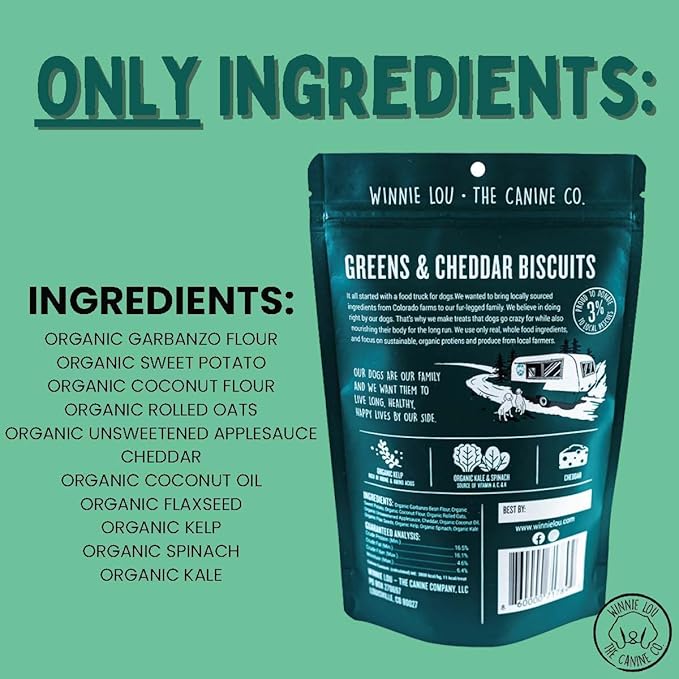 Winnie Lou Organic Dog Treats – Natural Dog Biscuits, USA Made, Organic Ingredients, Clean, Sensative Stomach, All Breed Sizes, High Protein, Hypoallergenic, Greens & Cheddar Pretzels (Pack of 1)