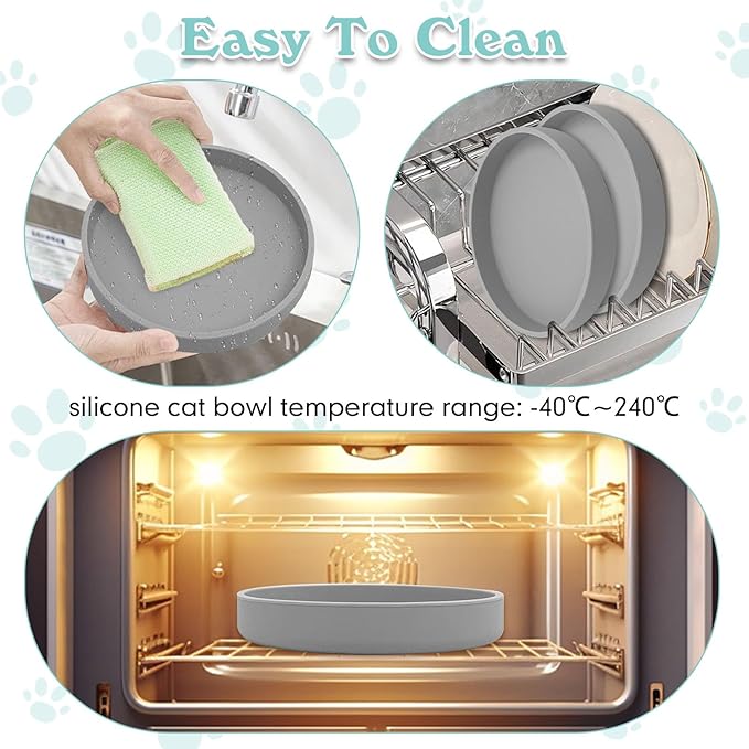 Silicone Dog Bowl Shallow Cat Food Bowls 7in Flat Puppy Plates Cute Whisker Fatigue Pet Feeding Dishes Set of 2 for Dry and Wet Food Indoor (Round Grey)