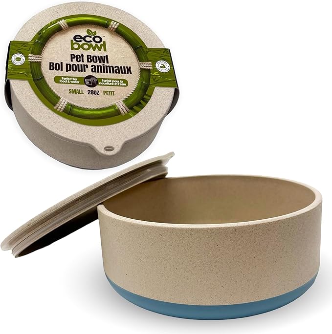 Palz&Co EcoBowl with Lid for Dogs & Cats, 28 oz Blue - Natural Bamboo Pet Bowl with Non-Slip Base, Pet Food and Water Dish, Dishwasher Safe
