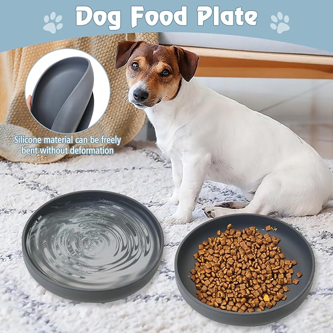 BNOSDM Silicone Dog Bowl Non-Slip Cat Food Plate 2 Pcs Flat Dog Bowls with Suction Cup Shallow Puppy Food and Water Dish for Small and Medium Pets (Steel Gray)