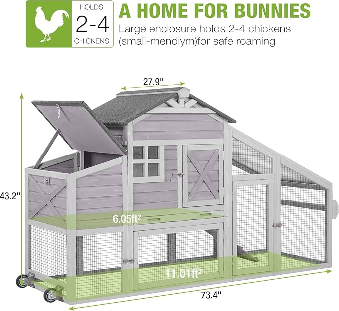 GUTINNEEN Mobile Chicken Coop for 2-4 Chickens with Wheels, Expandable Large Hen House with Run, UV-Protected Roof, Divided Nesting Boxes, Easy One-Person Move, Grey