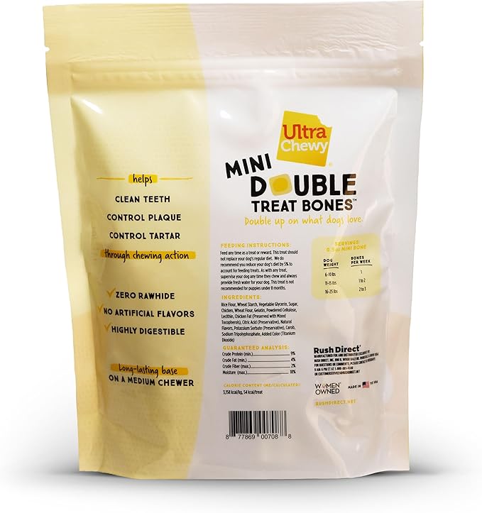 Ultra Chewy Mini Double Treat Bones: Long-Lasting Dog Treats Made in USA, Highly Digestible, Ideal for Aggressive Chewers 9oz (Chicken, 2 Packs)