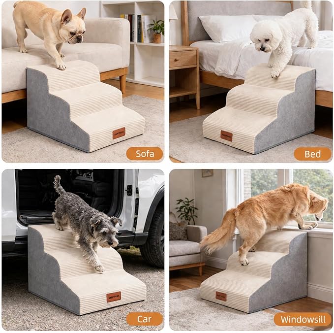 Dog Stairs for Small Dogs and Cats, 15.7" H, 3-Step Curved Pet Ramp for Couch Sofa and Chair, Non-Slip Medium Pet Steps with High Density Foam, Beige