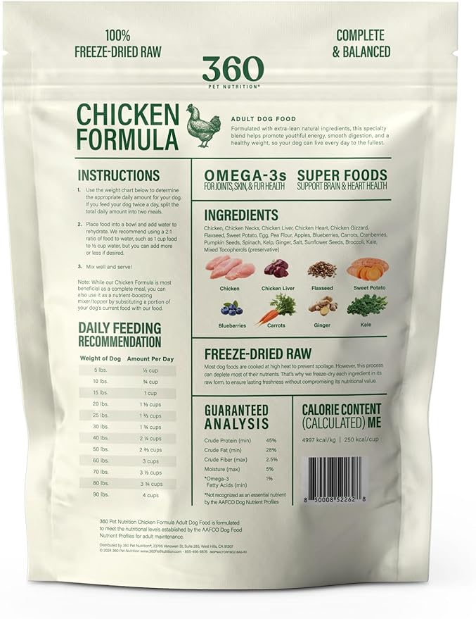 360 Pet Nutrition Freeze-Dried Raw Dog Food – Chicken Recipe with Liver & Organs, High Protein, Omega-3s, Fruits, Veggies & Superfoods, Grain-Free, No Fillers 4 x 16 oz Made in USA