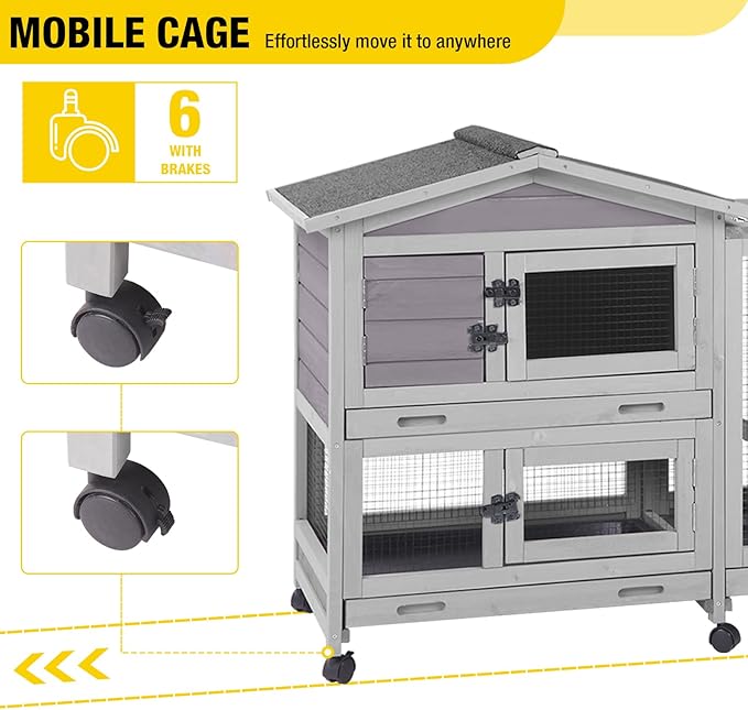 Aivituvin Rabbit Hutch Indoor 2 Story Bunny Cage Outdoor Guinea Pig Cage with Caster Wheels Chicken Coop with Run, 3 Pull Out Tray