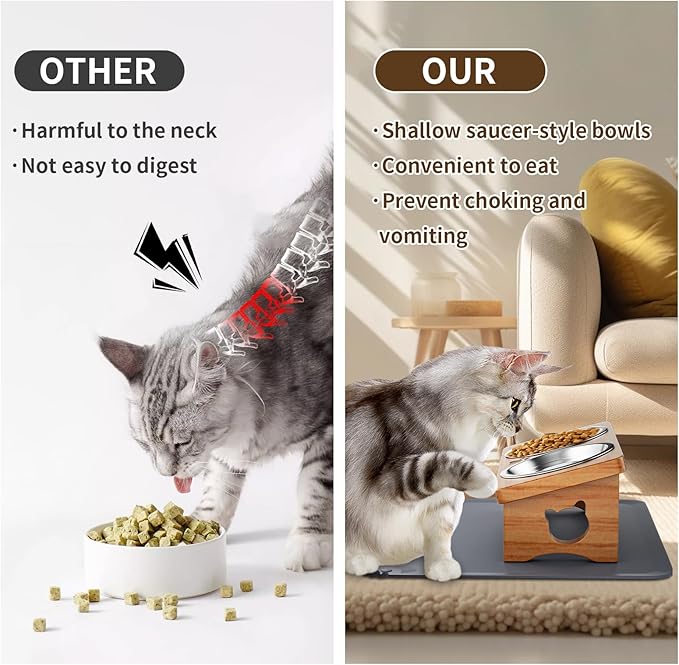 Elevated Cat Bowls with Silicone Mat, 15° Tilted Solid Wood Stand, Raised Stainless Steel Food & Water Dishes for Cats and Small Dogs, Anti-Vomiting Design(Teak)