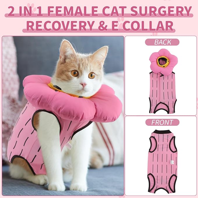 EMUST 2PCS Cat Recovery Suit & Cat Surgery Suit - Soft, Adjustable Flower Collar for Female Kittens Under 4lb (Pink, S)