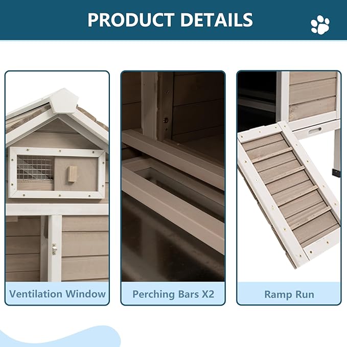 Ketive Chicken Coop Chicken House Outdoor with Removable Trays, Wooden Rabbit Hutch Poultry Cage with Nesting Box, Indoor Hen House Chicken Cage with Ramp for Garden Backyard (36.2"L x 26"W x 38.3"H)