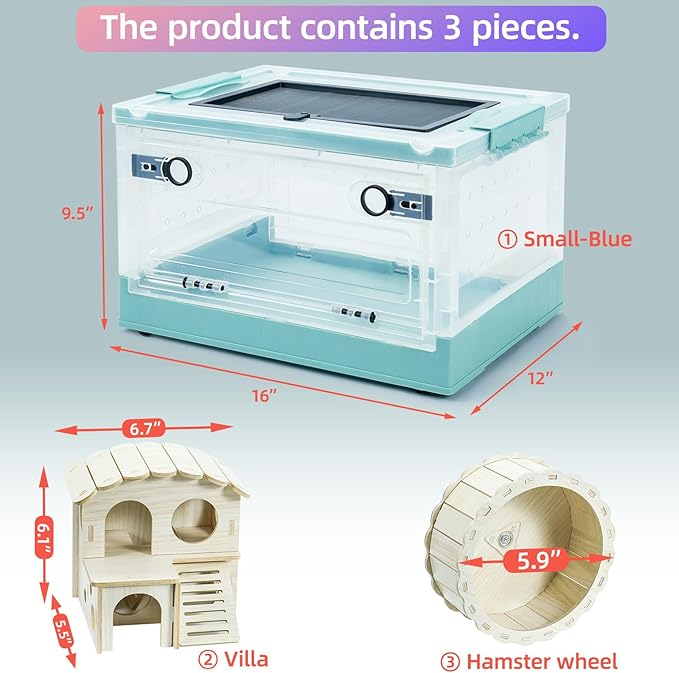 Hamsters Cage Large, Foldable Portable 360° Viewing Ventilated Cages with Villas, Exercise Wheels, for Hamsters, Rats, Dwarf Hamsters, Gerbils, Guinea Pigs Blue 16" L x 12" W x 9.5" H