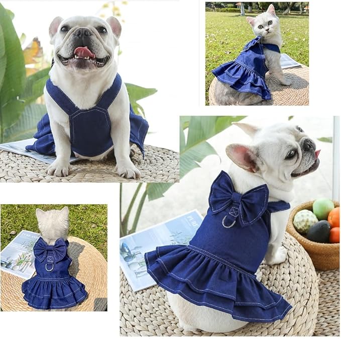 ANIAC Denim Dog Dresses for Small Dogs Puppy Girl Clothes with Leash Ring and Cute Bow Knot Summer Cat Apparel with D-Ring Blue Girl Dog Clothes (DAR Blue,Large)