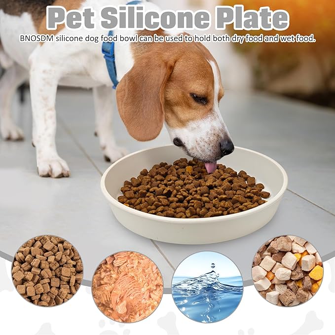 BNOSDM Silicone Cat Food Plate Shallow Dog Bowl 2 Pack Flat Puppy Feeding Dish for Small Dogs and Cats Whisker Fatigue Pet Plates for Dry and Wet Food (Beige)