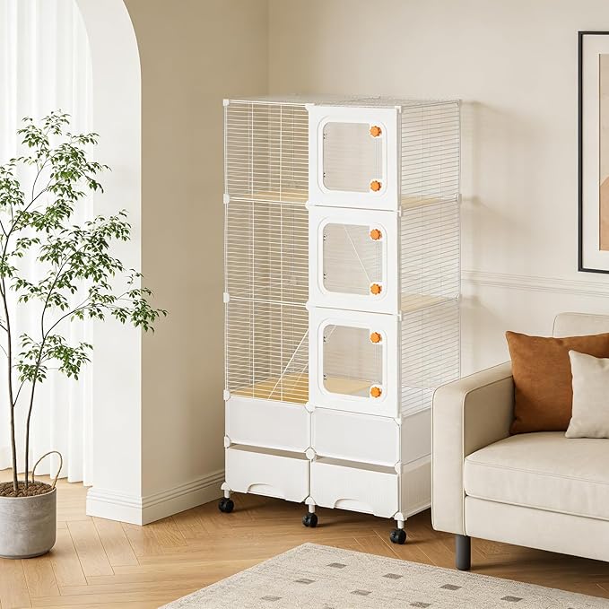 Small Animal Cage, Guinea Pig Cages with Rolling, Durable Front Doors, Chinchilla Cage with Scoop for Rat, Hamster, Guinea Pig, Squirrel (White, 61in)